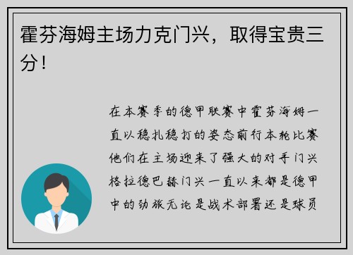 霍芬海姆主场力克门兴，取得宝贵三分！